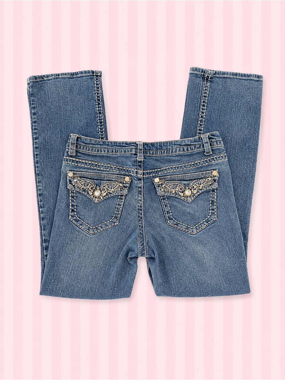 Paisley Sky Y2K Embellished Flare Jeans Rhinestone Western Denim 99% Cotton